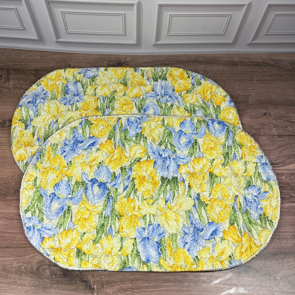 Handmade Placemats Yellow Blue Reversible Floral Iris Oval Quilted Set of 2